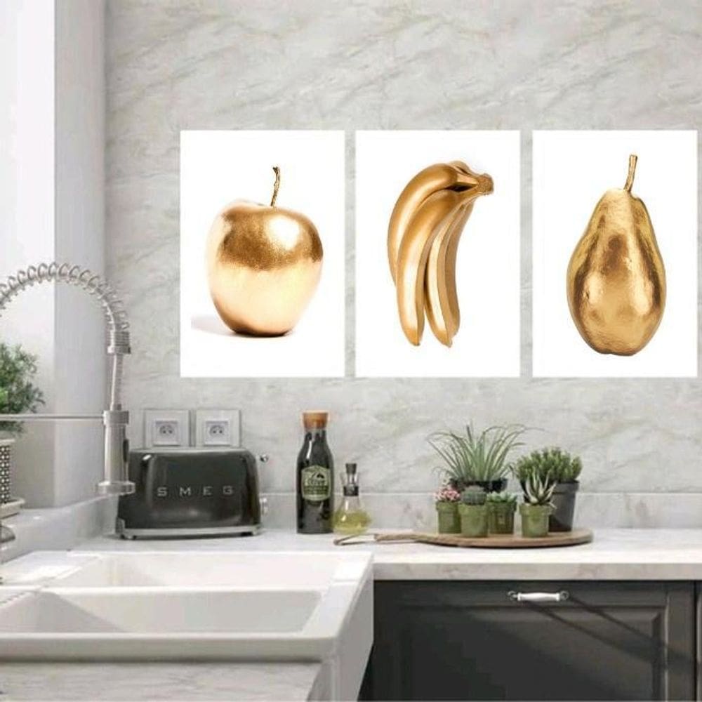 Kit 3 Quadros Cozinha Frutas Ouro 33X24Cm - Com Vidro