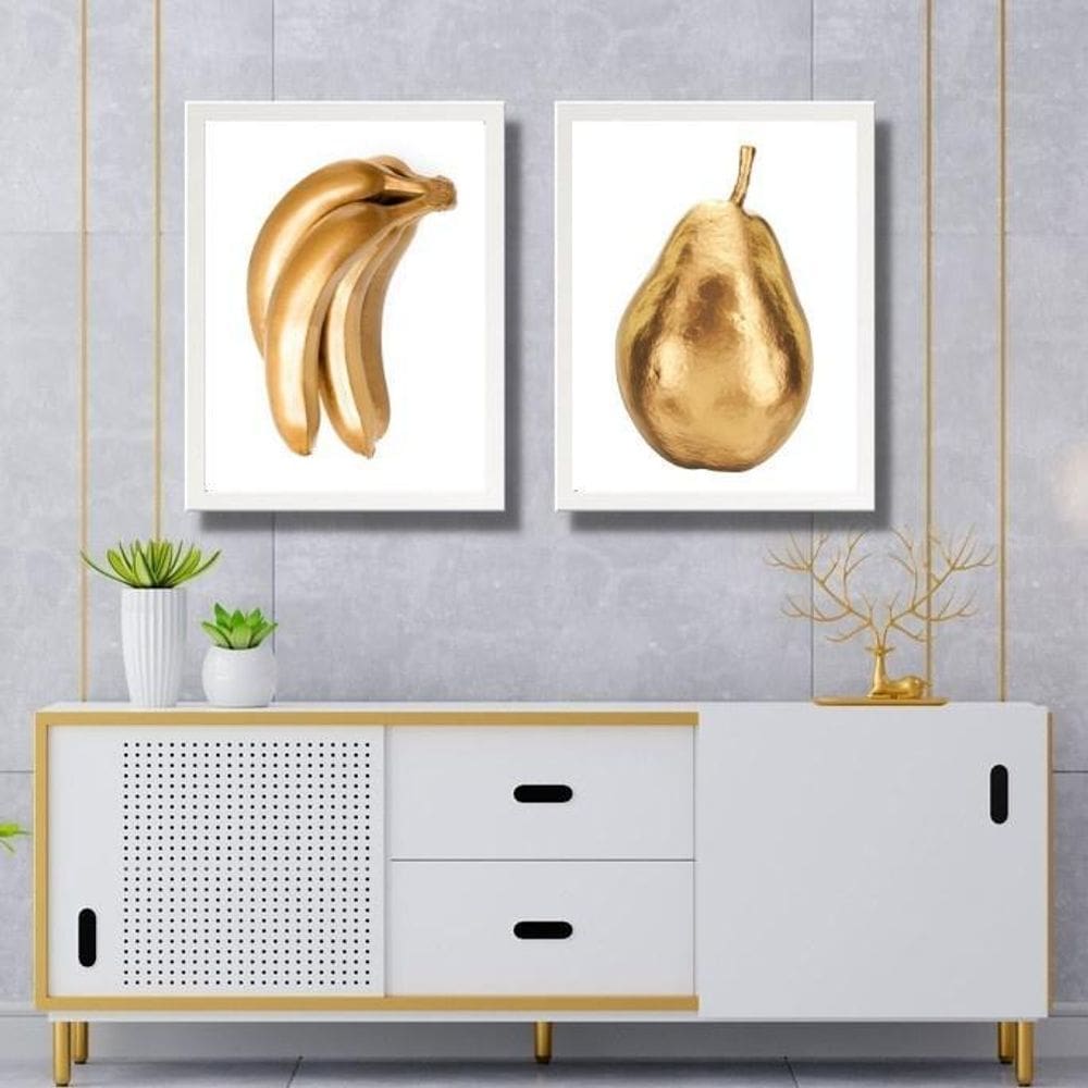 Kit 2 Quadros Cozinha Frutas Ouro 33X24Cm - Com Vidro