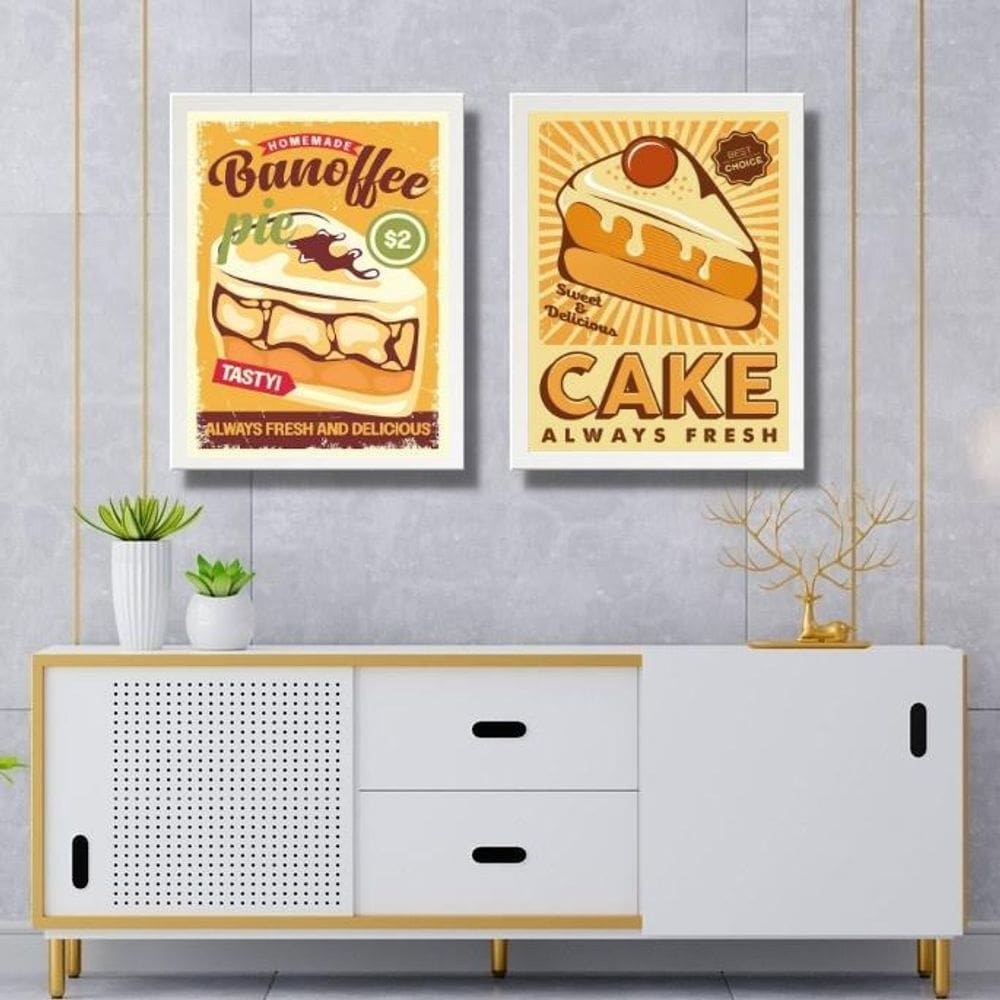 Kit 2 Quadros Amarelos Cozinha - Bolos 24X18Cm - Com Vidro