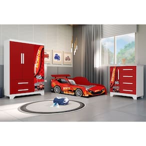 Conjunto Quarto Infantil Carros Cama Solteiro com Proteção Lateral Cômoda Roupeiro Mdf - Vermelho
