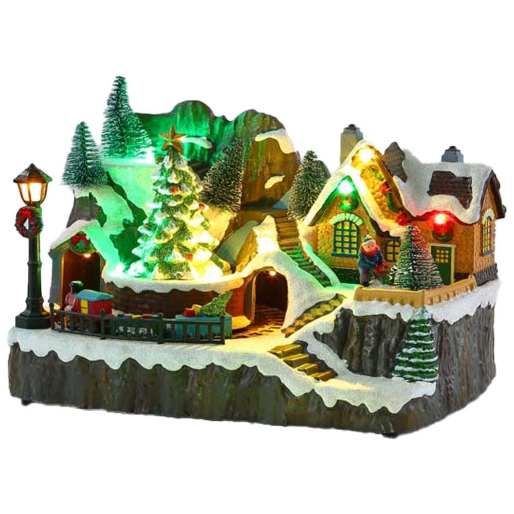 Cenário Natalino Vila Casa Árvores Trem Movimento com Iluminação Led Luz Natal