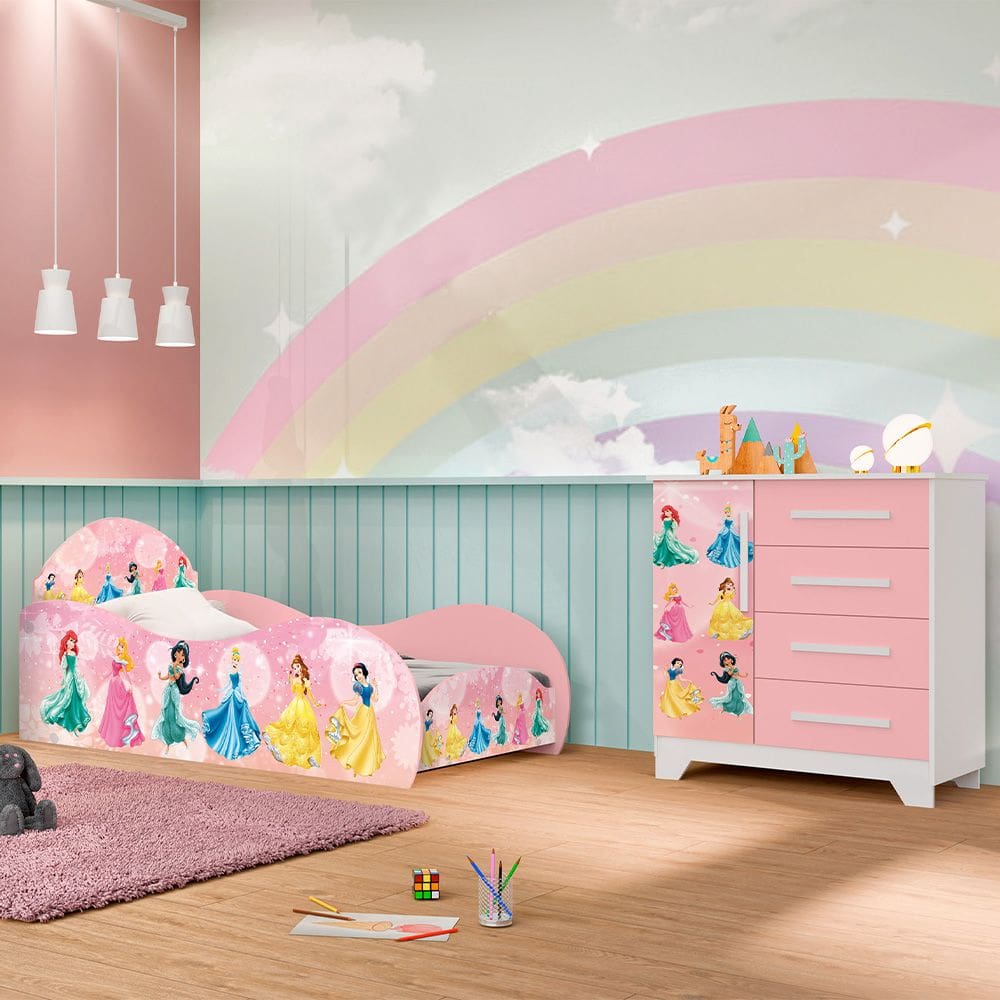 Jogo De Quarto Infantil - Cama E Comoda Carro Personagens - Rosa