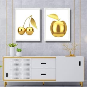 Kit 2 Quadros Cozinha Frutas Douradas 33X24Cm - Com Vidro