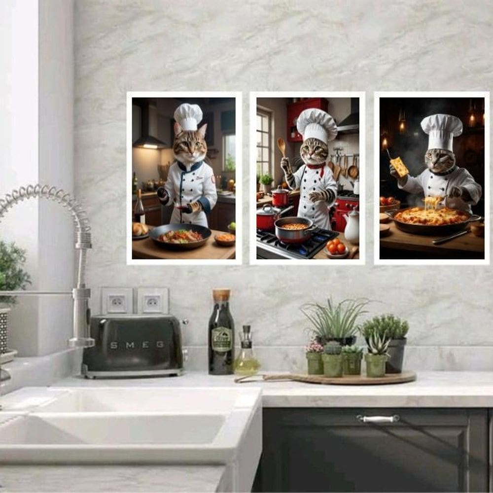 Kit 3 Quadros Cozinha Gatos Cozinheiros 33X24Cm - Com Vidro