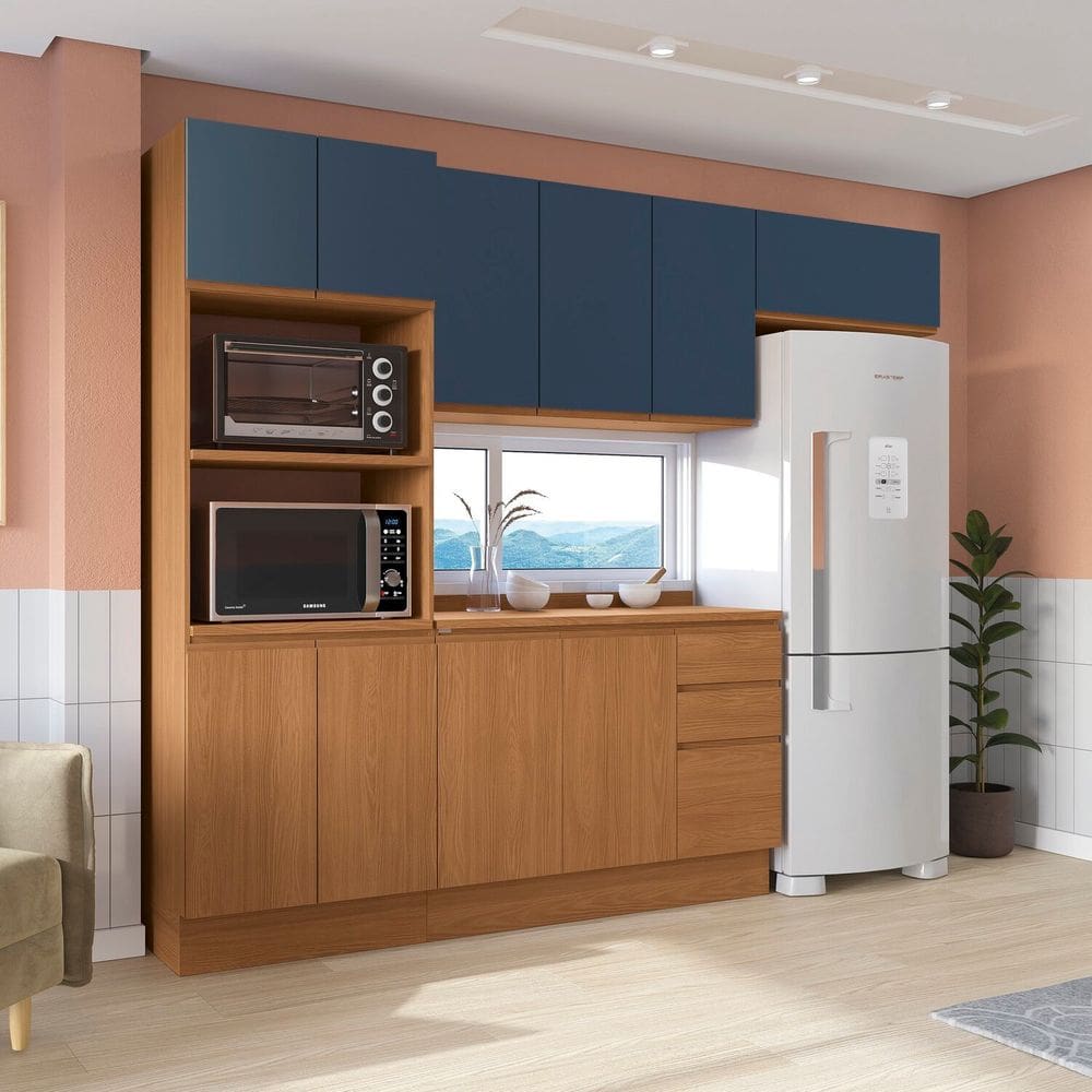 Kit de Cozinha 4 Peças com Tampo de Madeira Canela/Azul