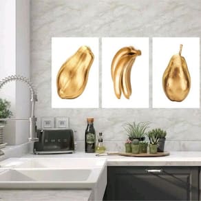 Kit 3 Quadros Cozinha Frutas Douradas 45X34Cm