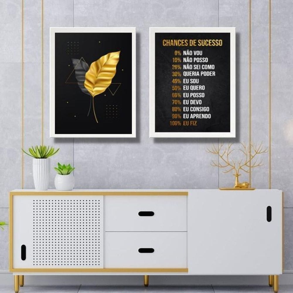 Kit 2 Quadros Motivacionais Sucesso - Folhas 24X18Cm - Vidro