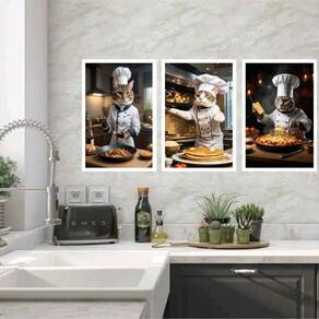 Kit 3 Quadros Cozinha Gatos Cozinhando 33X24Cm - Com Vidro