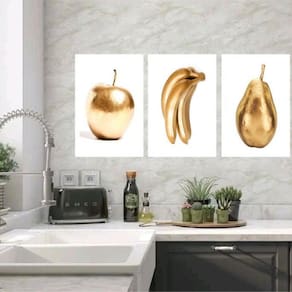 Kit 3 Quadros Cozinha Frutas Ouro 24X18Cm - Com Vidro