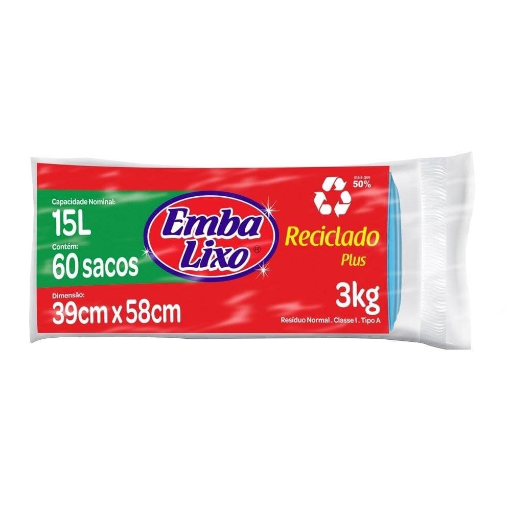 Saco para Lixo Embalixo Rolo Reciclado Plus Azul 15 Litros - Embalagem com 60 Unidades
