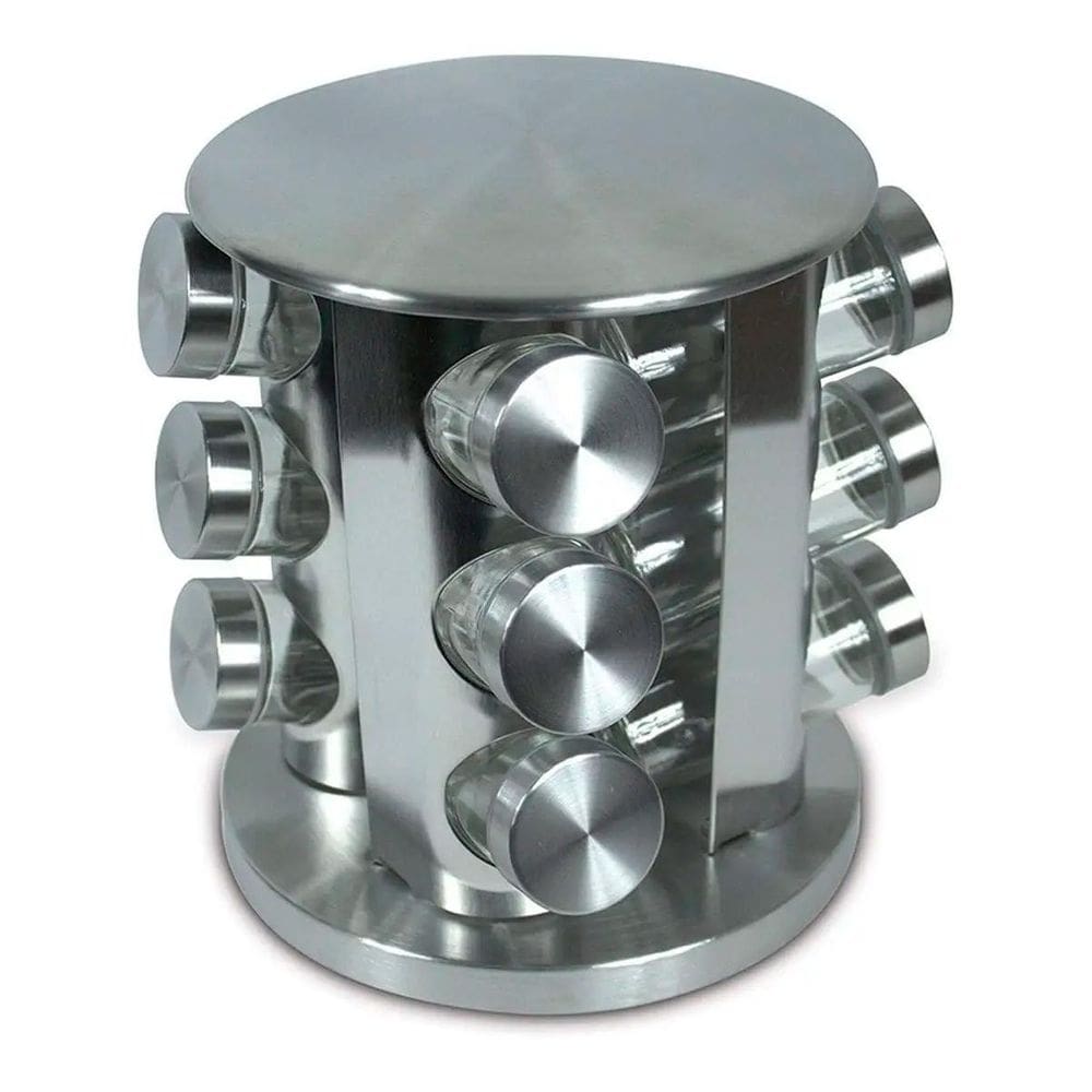 Porta Condimentos Vidro Giratório Com Tampa Inox Temperos