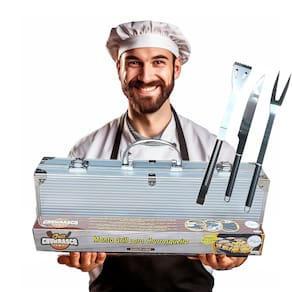 Kit Churrasco Inox: Maleta + Faca + Pegador + Garfo + Manta Grill Churrasqueira - Presente Natal Dia dos Pais