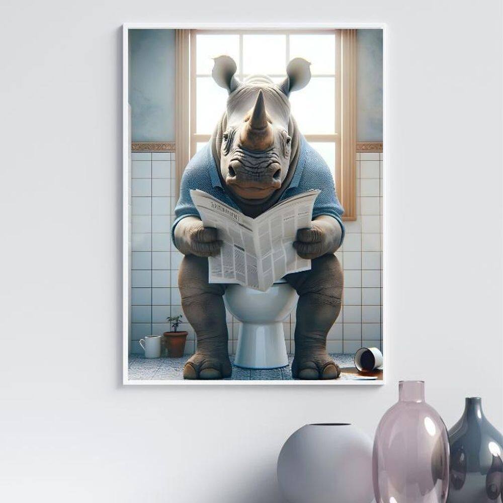 Quadro Divertido Banheiro - Rinoceronte 33X24Cm - Com Vidro
