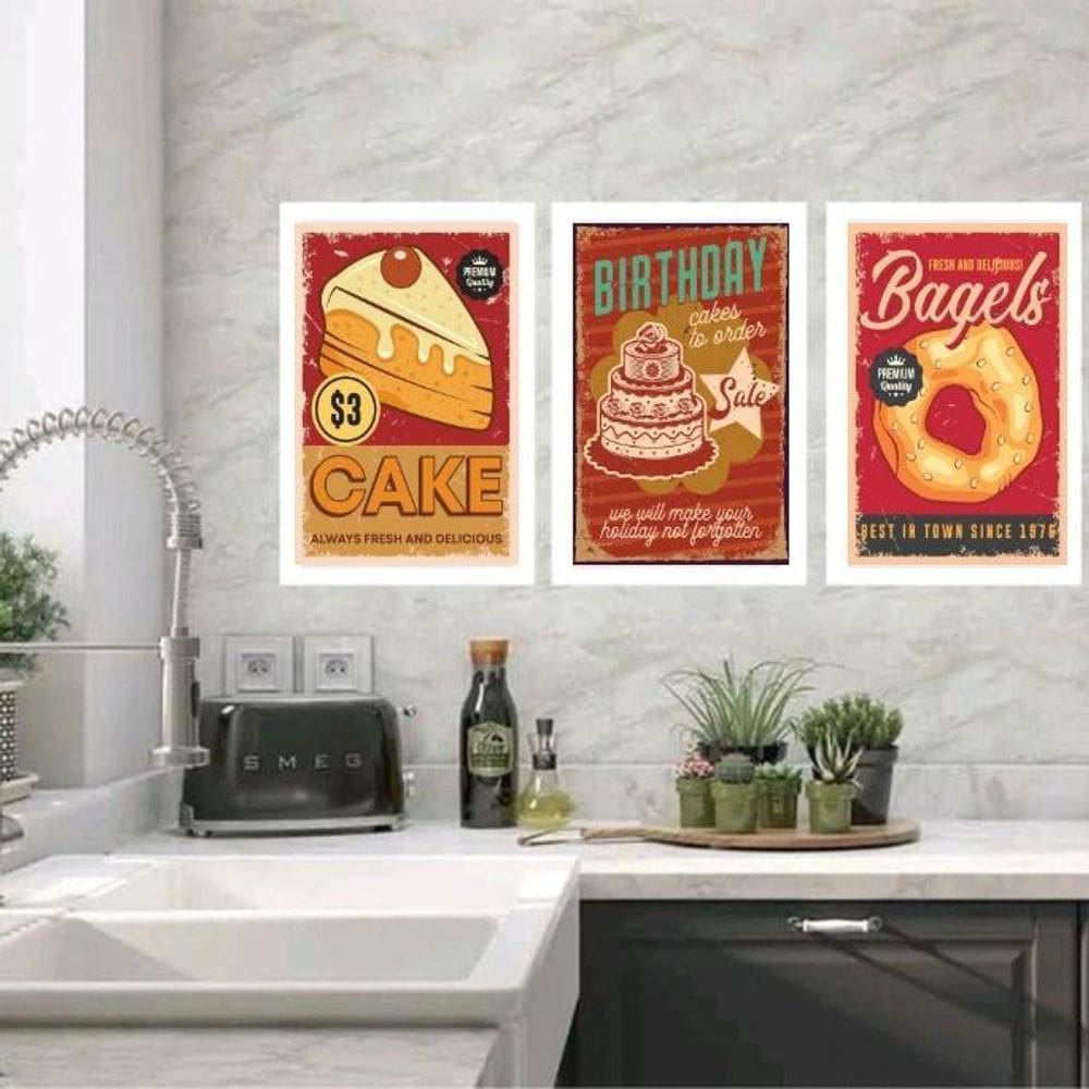 Kit 3 Quadros Cozinha - Doces 33X24Cm - Com Vidro