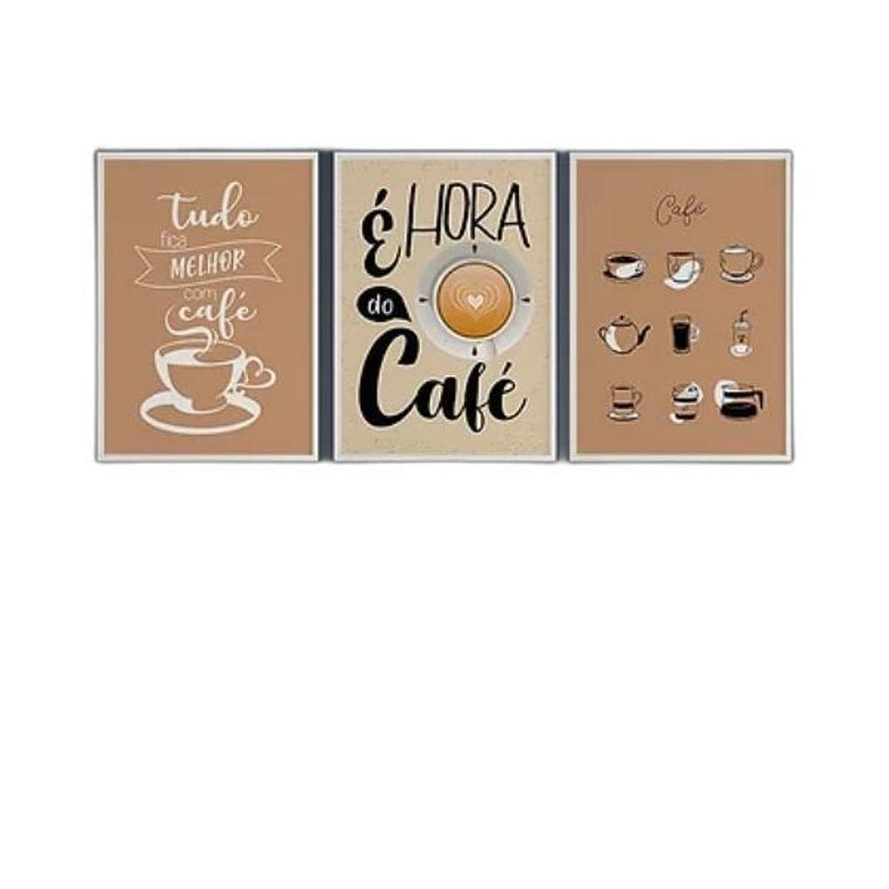 Quadros É Hora Café Moldura Branca Com Vidro 45X34Cm 3 Peças