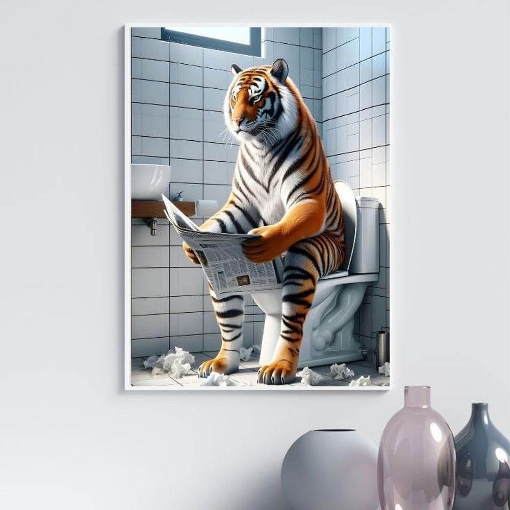 Quadro Divertido Banheiro - Tigre 45X34Cm - Com Vidro