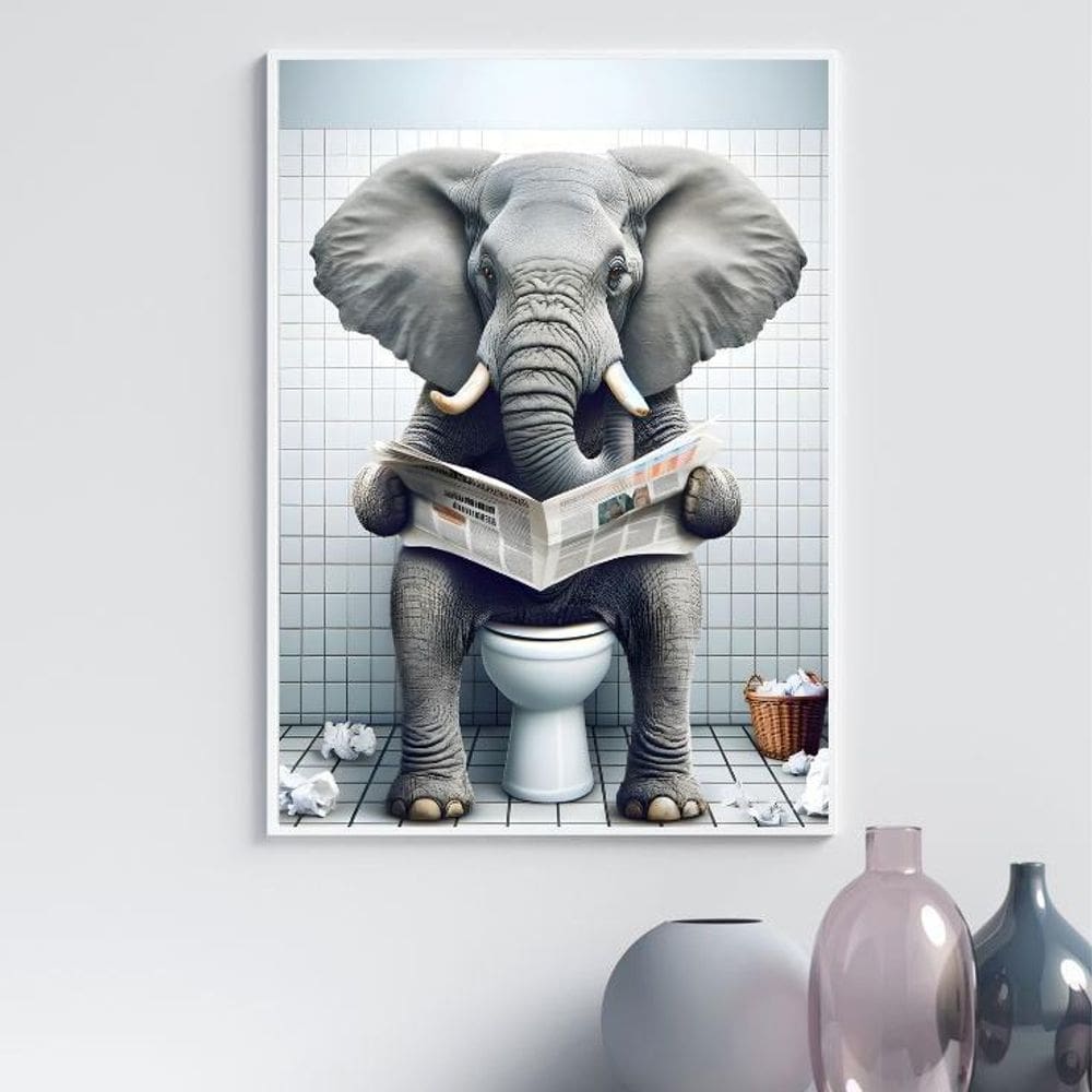 Quadro Divertido Banheiro - Elefante 33X24Cm - Com Vidro