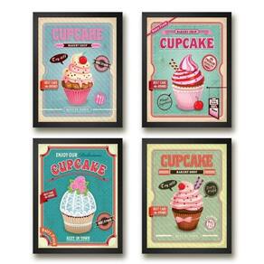 Kit 4 Quadros Para Cozinha - Cupcakes 24X18Cm - Com Vidro