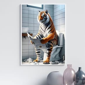 Quadro Divertido Banheiro - Tigre 33X24Cm - Com Vidro