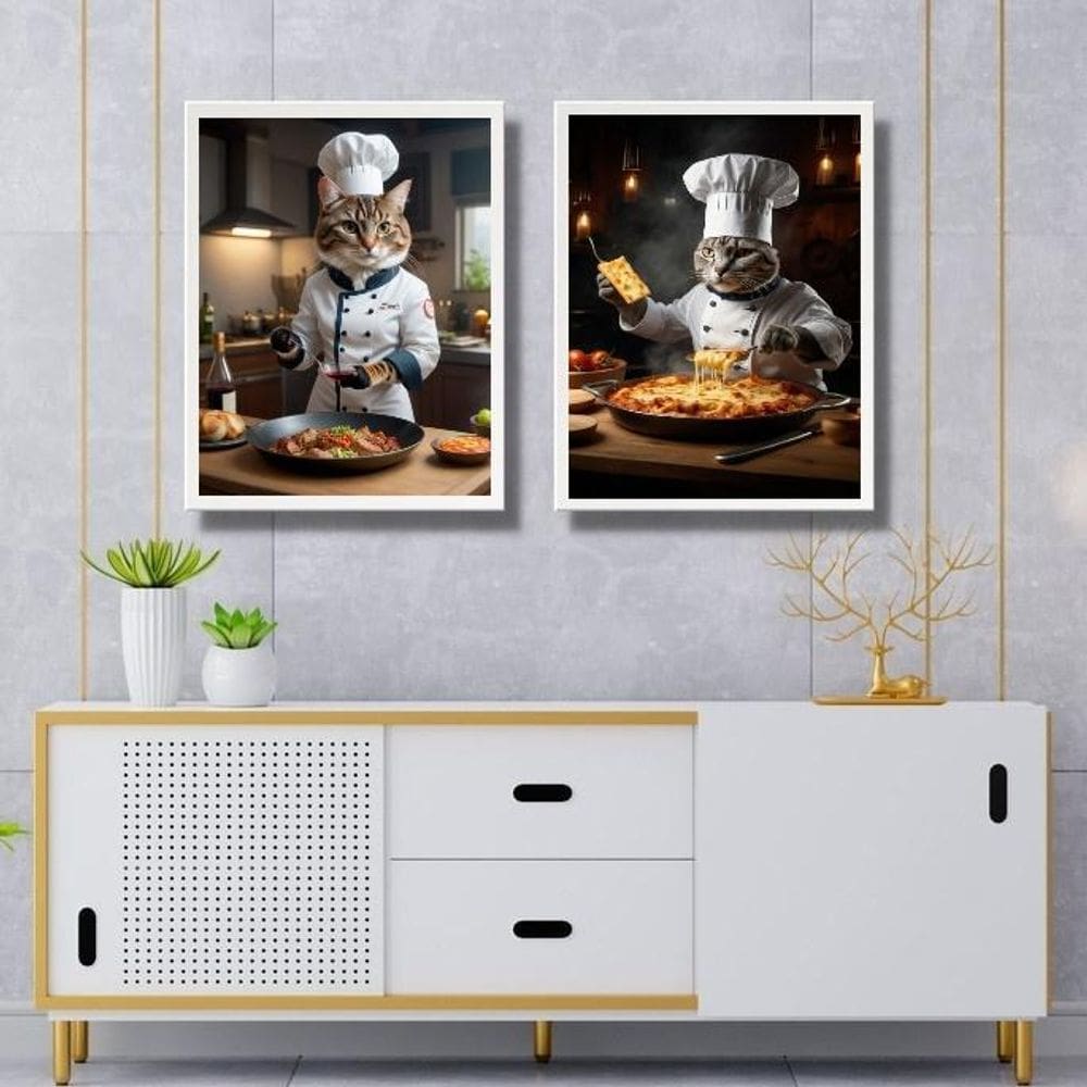 Kit 2 Quadros Para Cozinha - Gatos Chefs 33X24Cm - Com Vidro