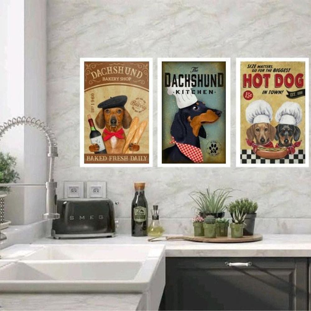 Kit 3 Quadros Para Cozinha Dachshund 45X34Cm - Com Vidro