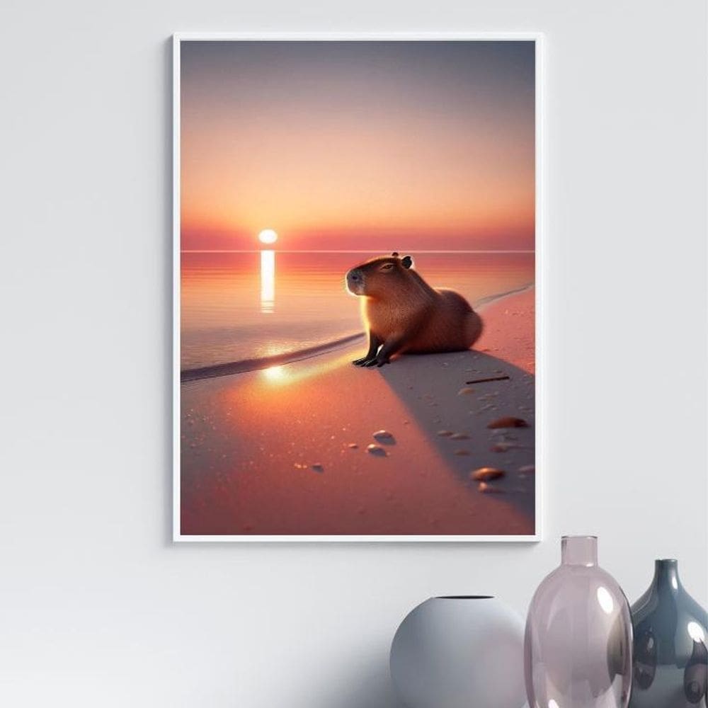 Quadro Capivara Na Praia - Por Do Sol 24X18Cm - Com Vidro