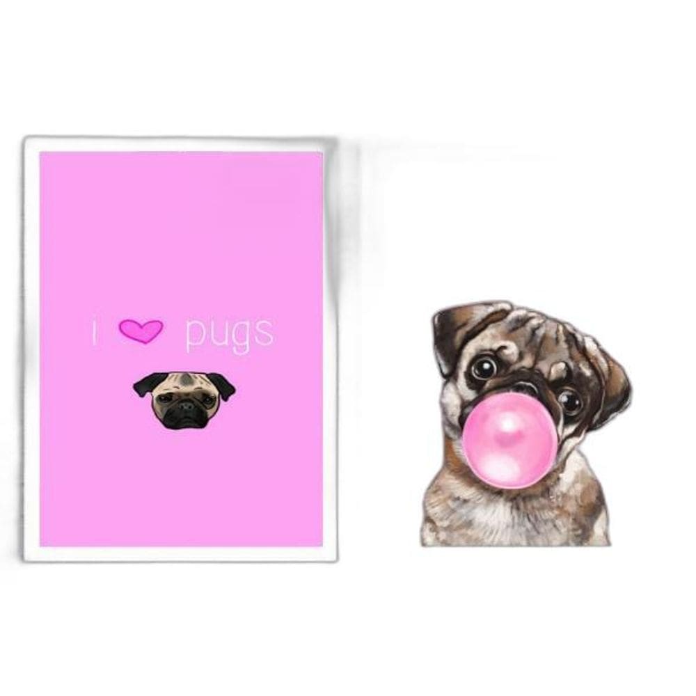 Kit 2 Quadros I Love Pugs 24X18Cm - Madeira Branca