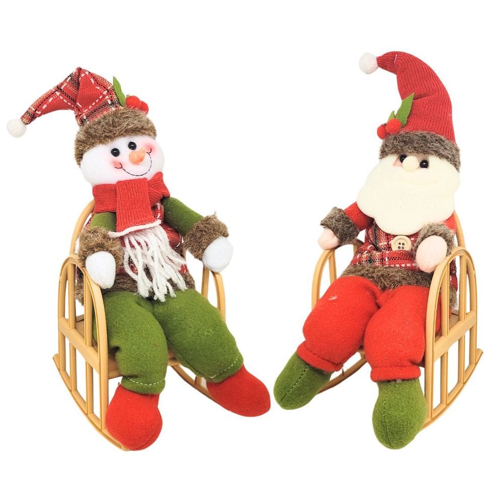 Jogo Papai Noel e Boneco de Neve Decor Pelúcia Xadrez na Cadeira de Balanço 28cm - Master Christmas