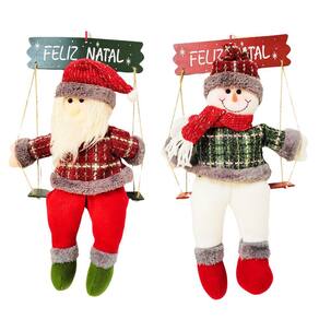 Jogo Papai Noel e Boneco de Neve Pelúcia Sentado na Gangorra Madeira Rústica e Placa Feliz Natal 43cm - Master Christmas