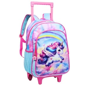 Mochila Escolar Pônei Rosa Rodinhas 2 Em 1 Infantil Tam G