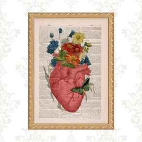 Quadro Moldura Dourada Coração Flores Borboleta 45X34Cm