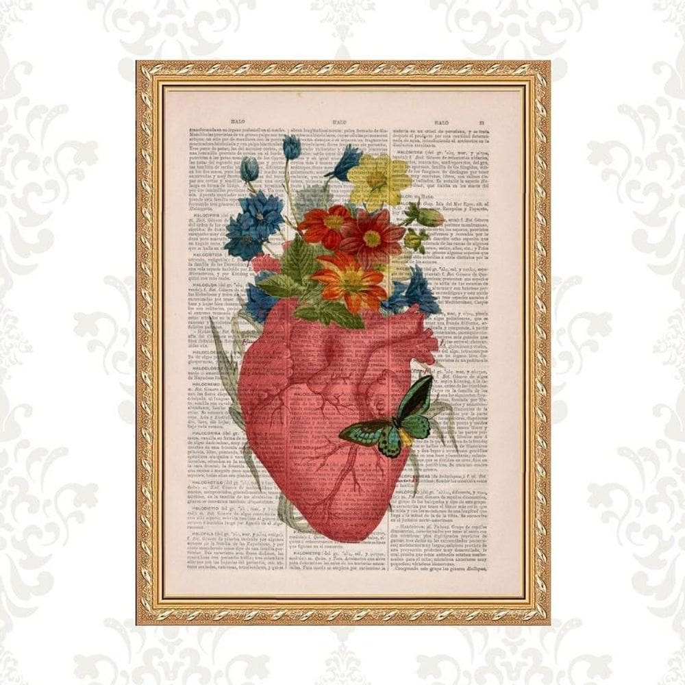 Quadro Moldura Dourada Coração Flores Borboleta 24X18Cm