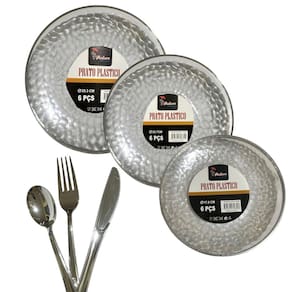 Kit Jantar 12 Pratos Acrílico 25Cm + 18 Talheres Festa