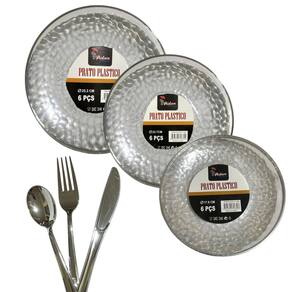 Kit 12 Pratos Acrílico Borda Prata 25Cm + 36 Talheres Natal