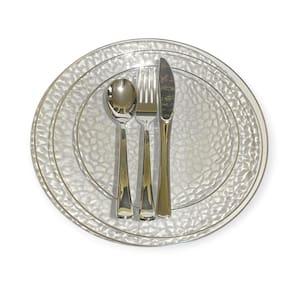 Kit 6 Pratos Acrílico Borda Prata 25Cm + 18 Talheres Natal