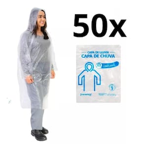50 Capas De Chuva Descartavel Transparente Com Capuz Unissex