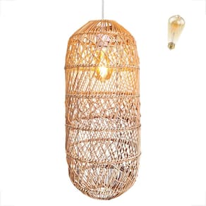 Pendente Fibra Natural Rattan Artesanal Varanda Nat74 + Led