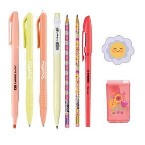 Kit Papelaria Floral Borracha Apontador Caneta