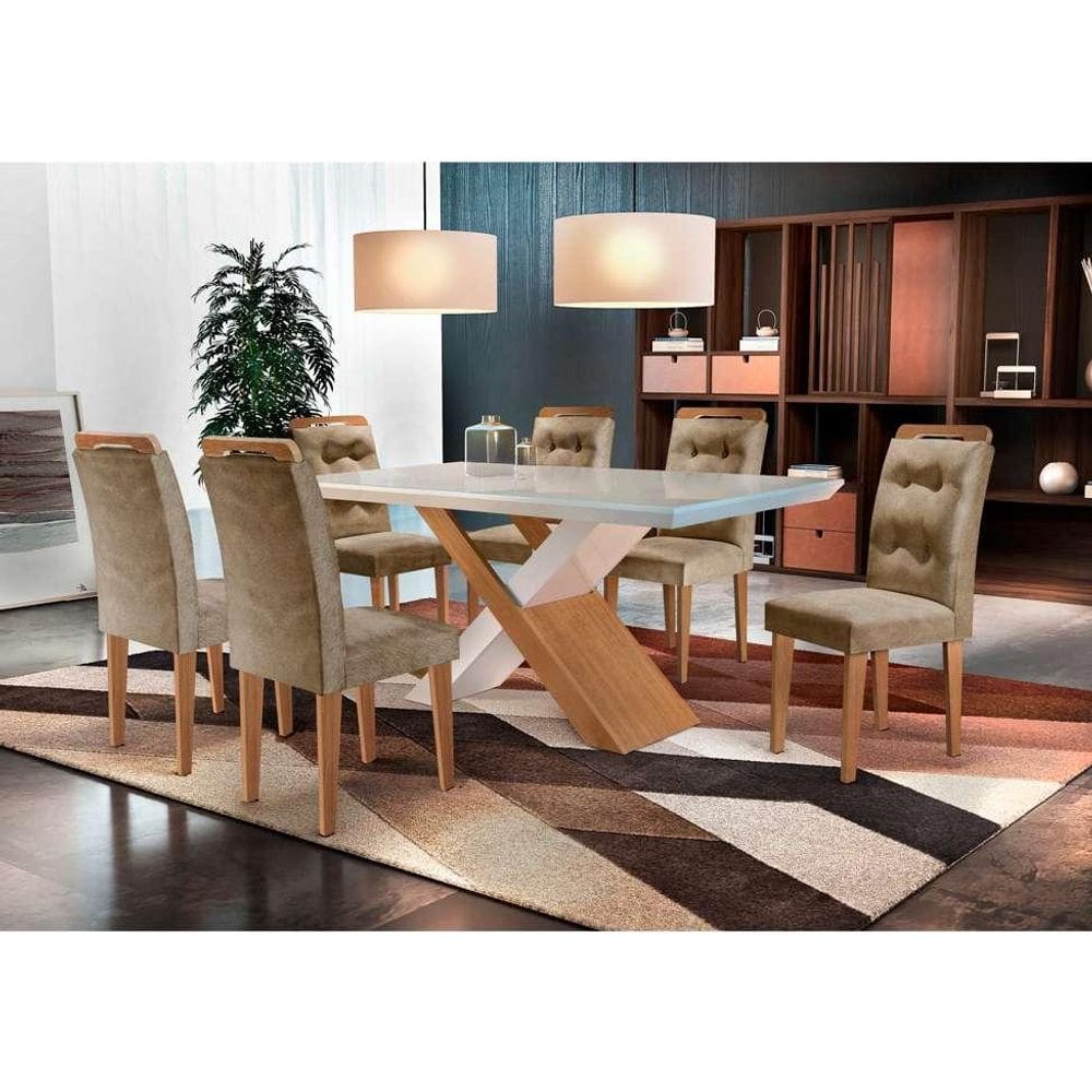 Conjunto de Mesa de Jantar com Vidro e 6 Cadeiras Imperatriz Suede Off White e Chocolate