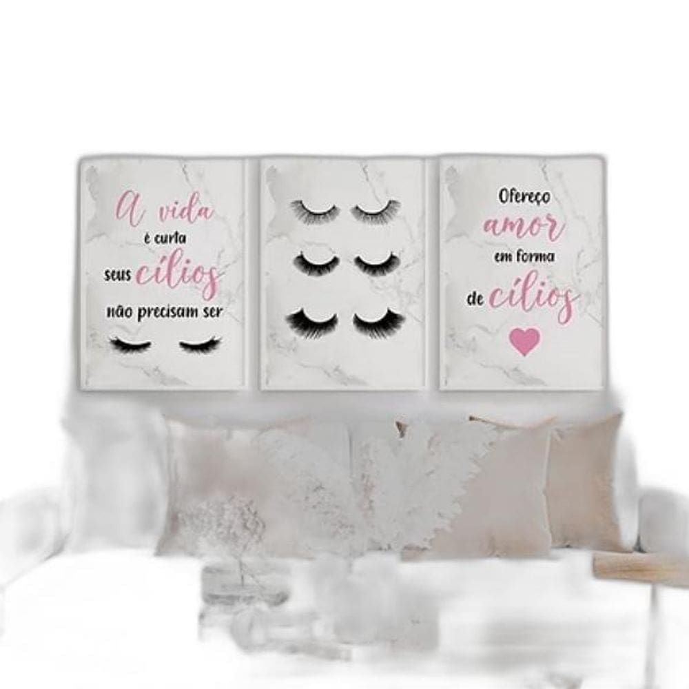 Kit 3 Quadros Cílios Amor 24x18cm | Madeira Branca