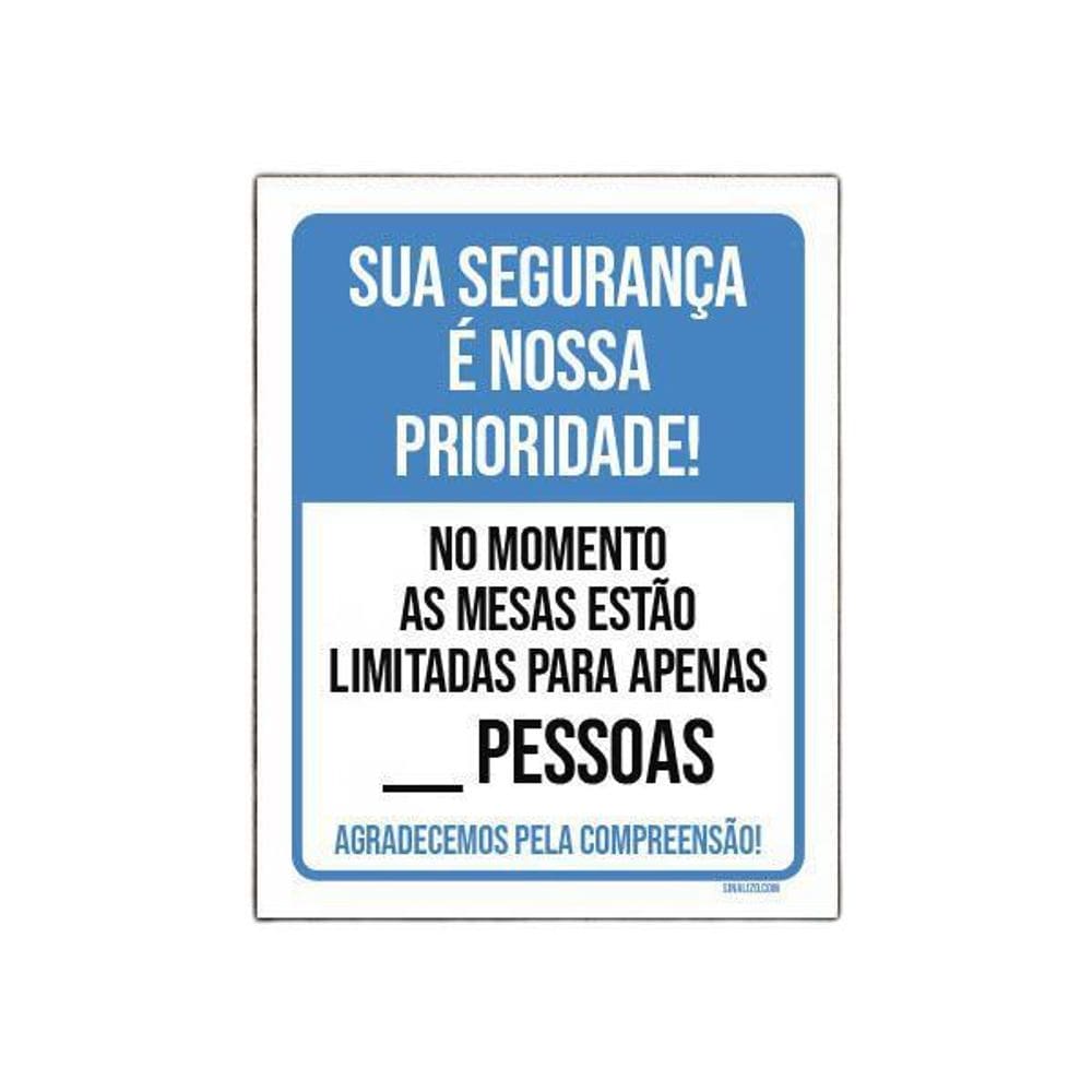 Placa Distanciamento Social Mesas Limitadas Pessoas 27X35