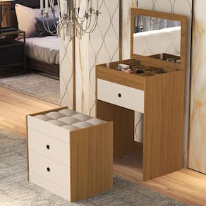 Penteadeira Olivia 3 Gavetas Banqueta Embutida com Rodizios Nature/Off White