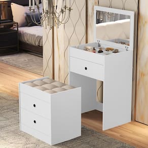 Penteadeira Olivia 3 Gavetas Banqueta Embutida com Rodizios Nature/Off White