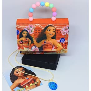 Kit Bolsa Infantil Mini Bag Bolsinha Princesa Moana o Filme Alça Pérola Corrente Transversal + Colar Tendência Mods 2024