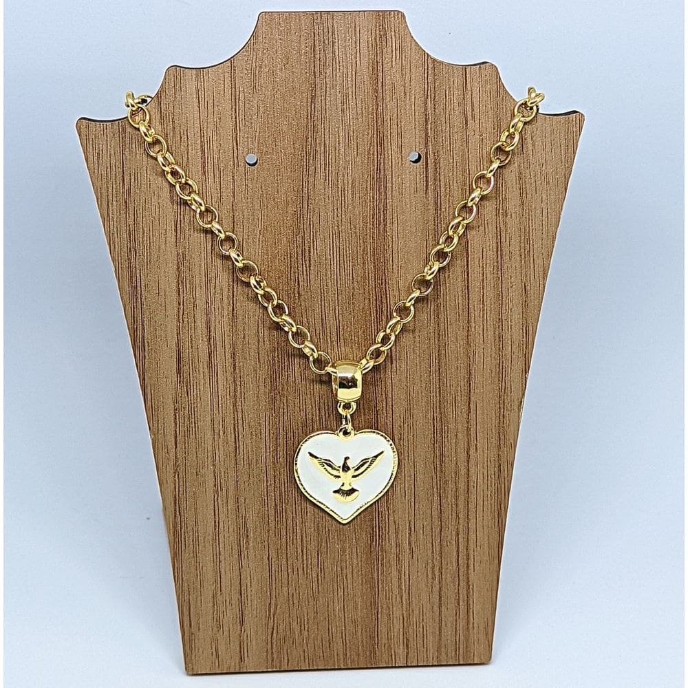 Colar Religioso Feminino Corrente Elo Português Folheado a Ouro Pingente medalha Coraçao Divino espirito santo Cordão