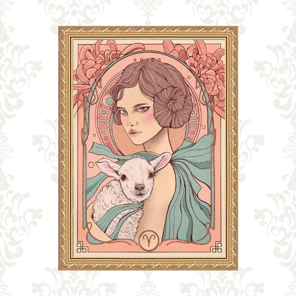 Quadro Moldura Dourada Signo Áries 33X24Cm