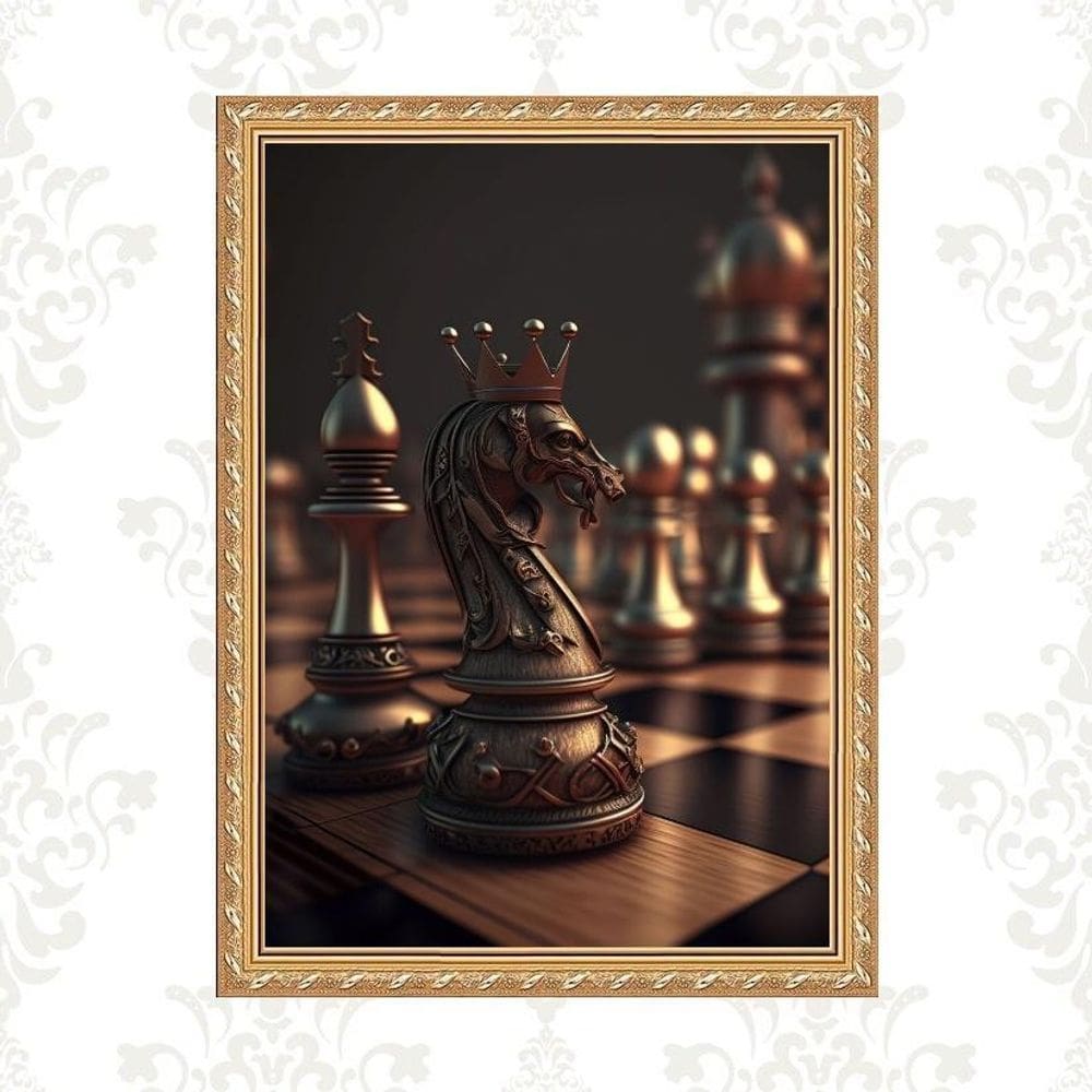 Quadro Moldura Dourada Tabuleiro Xadrez 33X24Cm