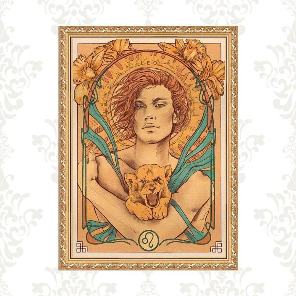 Quadro Moldura Dourada Signo Leão 24X18Cm
