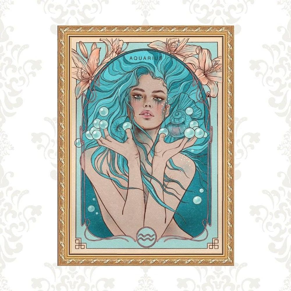 Quadro Moldura Dourada Signo Aquário 33X24Cm