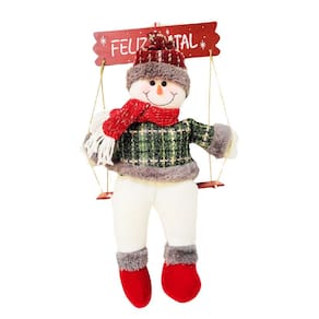 Boneco de Neve Pelúcia Sentado na Gangorra Madeira Rústica e Placa Feliz Natal 43cm - Master Christmas